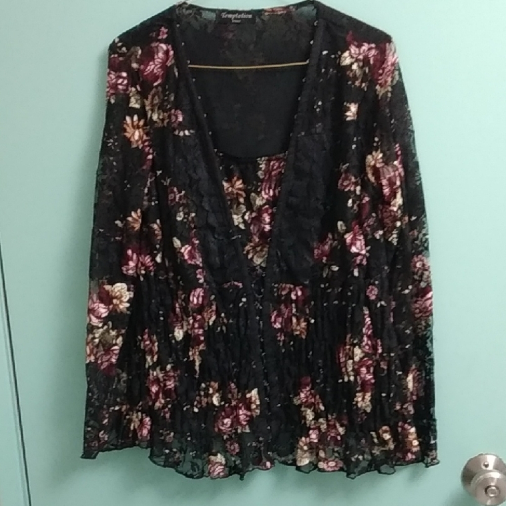 Gorgeous Womens Blouse Black Lace And Floral By TEMPTATION ITALY. SIZE M-L